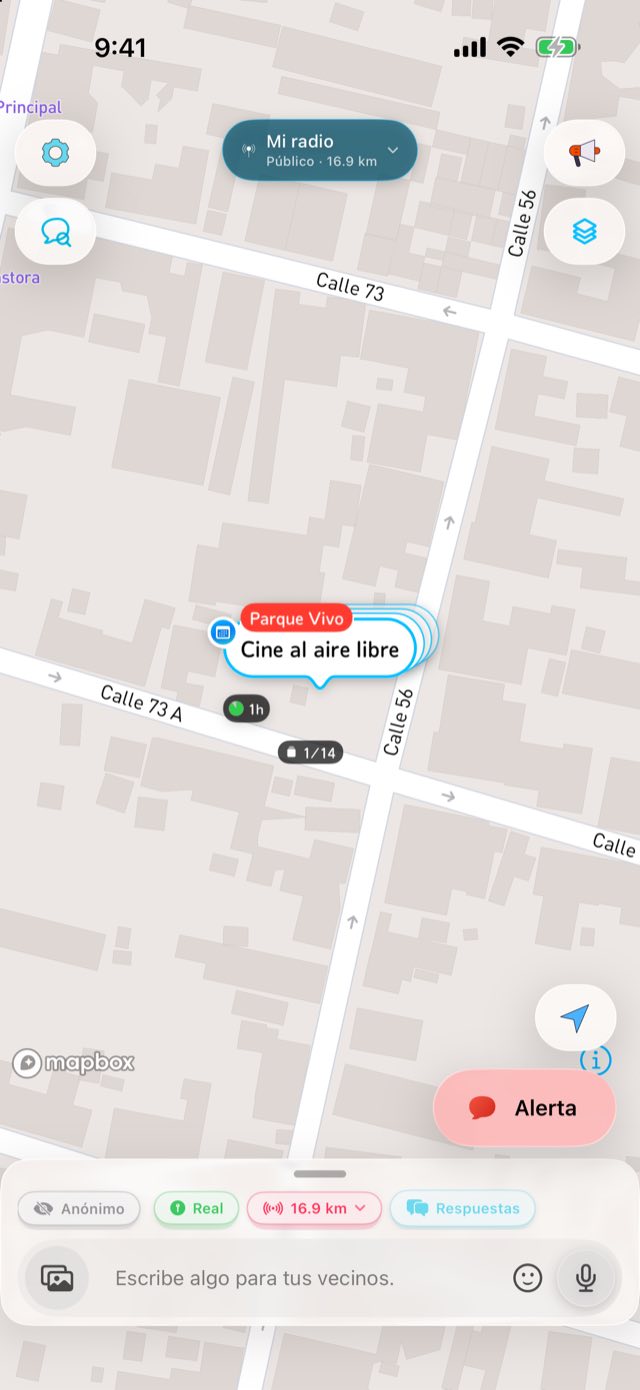 Captura de Liivoo en un iPhone: en un mapa, un globo de evento al frente con siluetas detrás y, debajo, el contador de la pila con el texto 1/14.