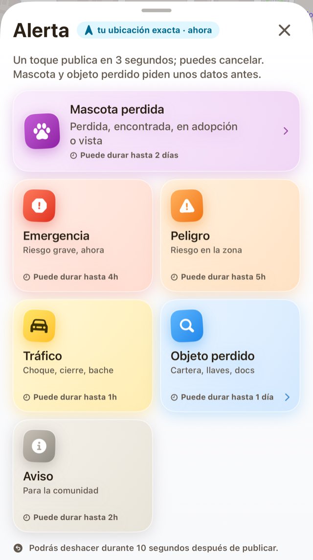 La hoja «Alerta» de Liivoo en un iPhone: un título, una línea que explica que un toque publica tras unos segundos y que se puede cancelar, y seis tarjetas de colores —mascota perdida, emergencia, peligro, tráfico, objeto perdido y aviso—, cada una con una frase de qué es.